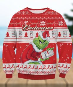 Budweiser x The Grinch Santa Hat Snowflakes Ugly Christmas Sweater