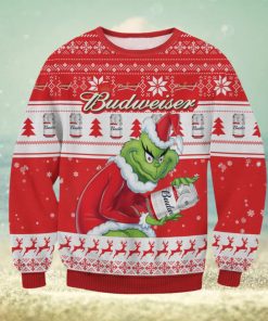 Budweiser x The Grinch Santa Hat Snowflakes Ugly Christmas Sweater