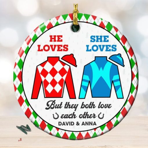 But They Both Love Each Other, Couple Gift, Personalized Ceramic Ornament, Horse Racing Couple Ornament