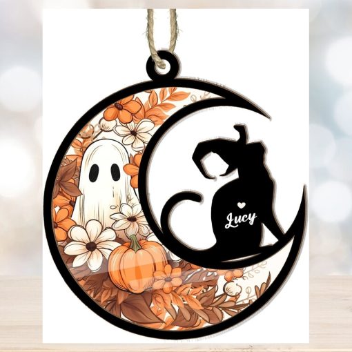 Cat Halloween Moon Suncatcher Ornament