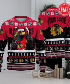 Chicago Blackhawks NHL Mascot Santa Hat Custom Name Ugly Christmas Sweater