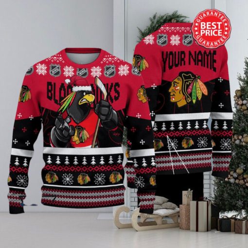 Chicago Blackhawks NHL Mascot Santa Hat Custom Name Ugly Christmas Sweater