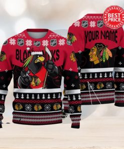 Chicago Blackhawks NHL Mascot Santa Hat Custom Name Ugly Christmas Sweater