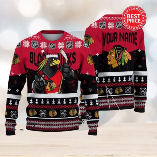 Chicago Blackhawks NHL Mascot Santa Hat Custom Name Ugly Christmas Sweater