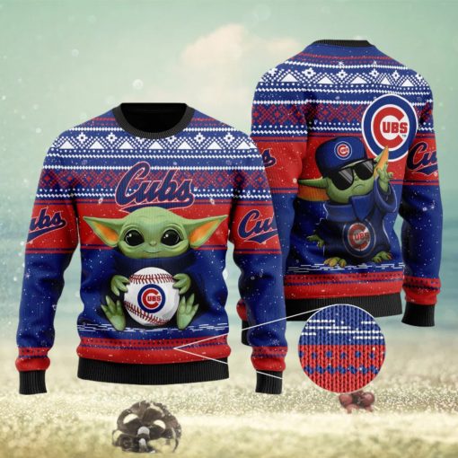 Chicago Cubs Grogu Baby Yoda Hug Logo Ugly Christmas Sweater Perfect Holiday Gift