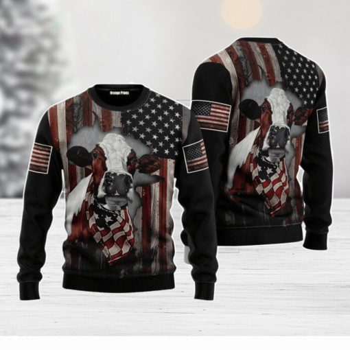 Cow American Flag Patriotic Christmas Unisex Ugly Sweater