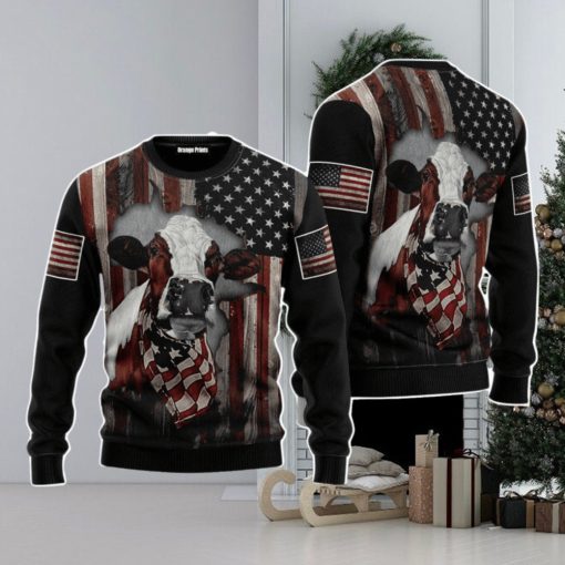 Cow American Flag Patriotic Christmas Unisex Ugly Sweater