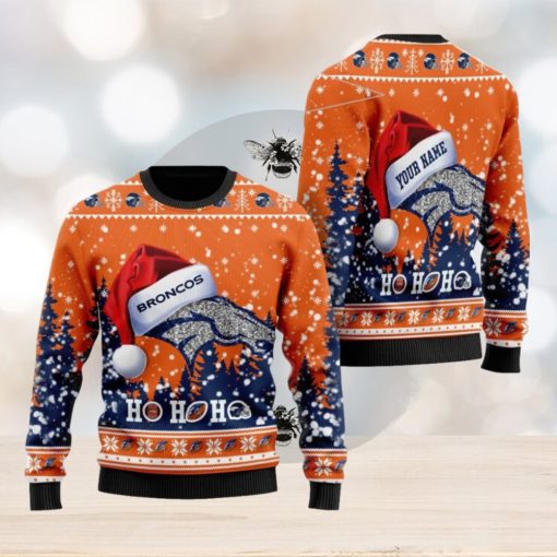 Custom Name Denver Broncos Symbol Wearing Santa Claus Hat Ho Ho Ho All Over Print Sweater Gift Christmas