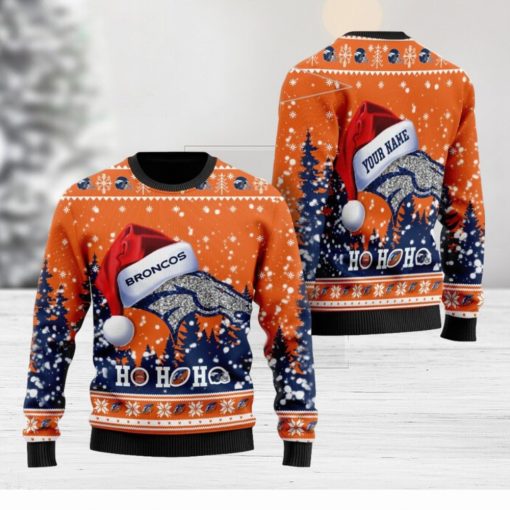 Custom Name Denver Broncos Symbol Wearing Santa Claus Hat Ho Ho Ho All Over Print Sweater Gift Christmas