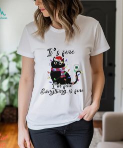 Cute Black Cat Wearing Santa Hat With Christmas Light It’s Fine I’m Fine Everything’s Fine Merry Christmas 2023 T shirt