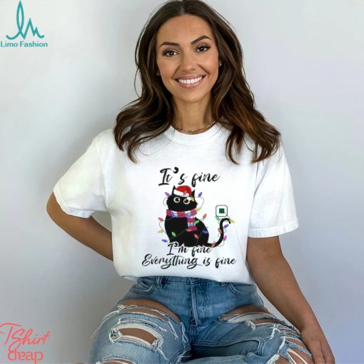Cute Black Cat Wearing Santa Hat With Christmas Light It’s Fine I’m Fine Everything’s Fine Merry Christmas 2023 T shirt