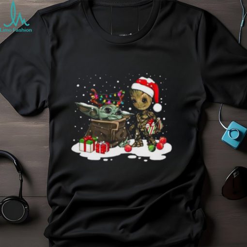 Cute Christmas Collection Baby Yoda And Groot Santa Christmas Light Shirt