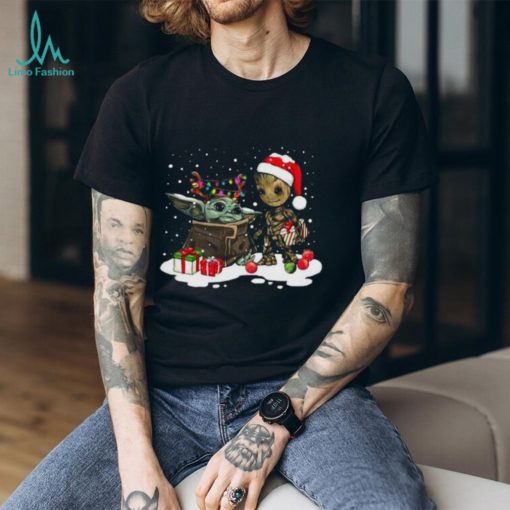Cute Christmas Collection Baby Yoda And Groot Santa Christmas Light Shirt