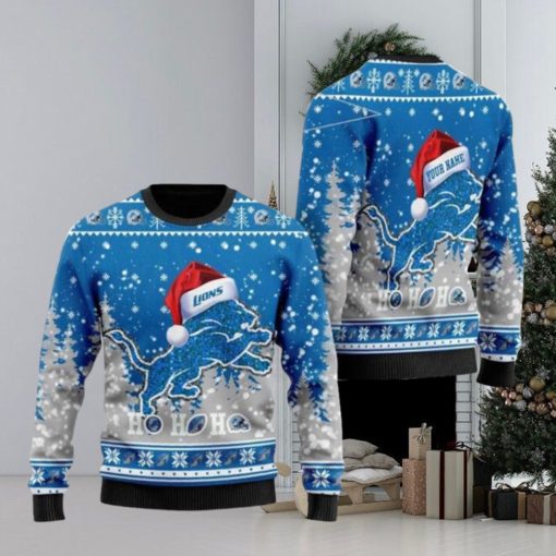 Detroit Lions Symbol Wearing Santa Claus Hat Ho Ho Ho Personalized Ugly Christmas Sweaters