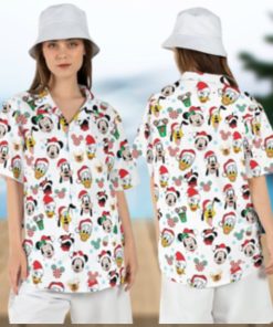 Disney Christmas Hawaiian Shirts Mickey Friends Button Family Vacation Disneyland