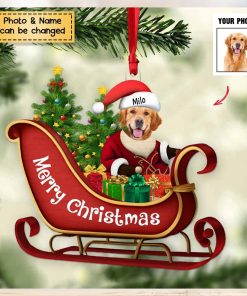 Dog Sitting On A Cute Sleigh Ornament   Personalized Acrylic Christmas Ornament