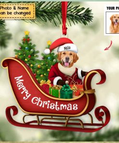 Dog Sitting On A Cute Sleigh Ornament   Personalized Acrylic Christmas Ornament