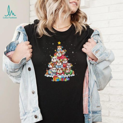Dogs Bulldog Collie pine tree merry christmas shirt