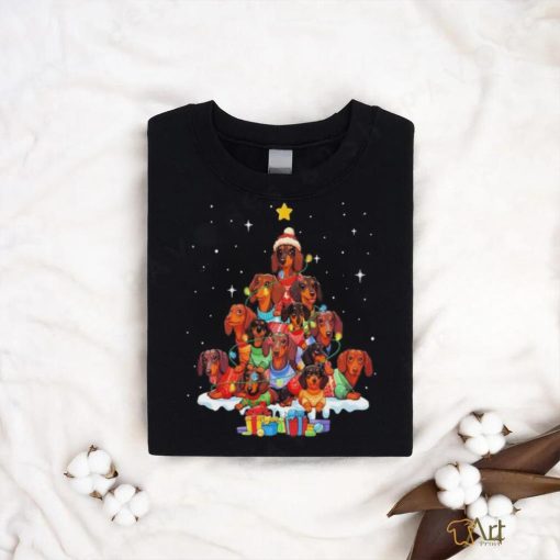 Dogs Dachshund santa pine tree merry christmas shirt