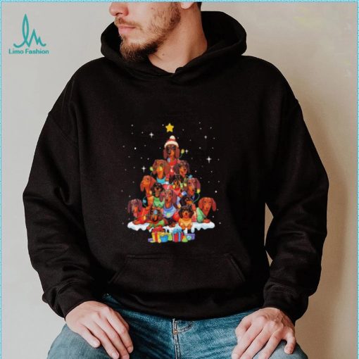 Dogs Dachshund santa pine tree merry christmas shirt