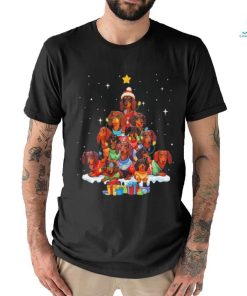 Dogs Dachshund santa pine tree merry christmas shirt