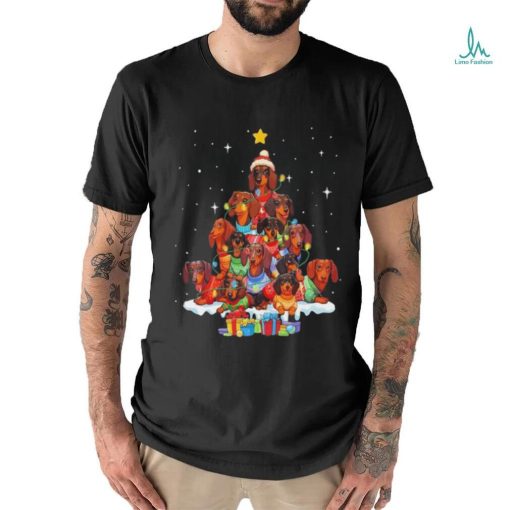 Dogs Dachshund santa pine tree merry christmas shirt