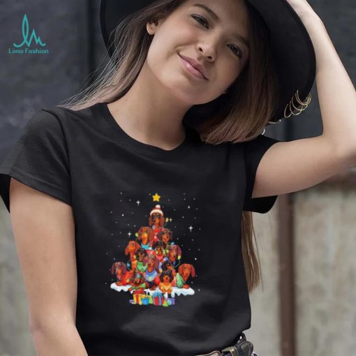 Dogs Dachshund santa pine tree merry christmas shirt