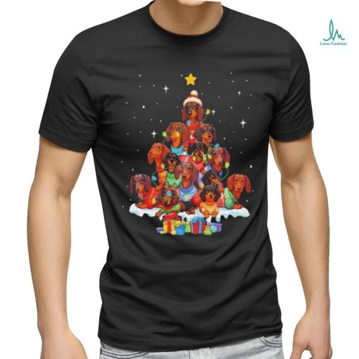 Dogs Dachshund santa pine tree merry christmas shirt