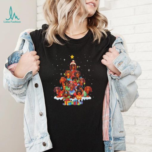 Dogs Dachshund santa pine tree merry christmas shirt