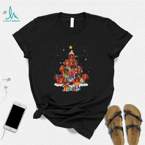 Dogs Dachshund santa pine tree merry christmas shirt