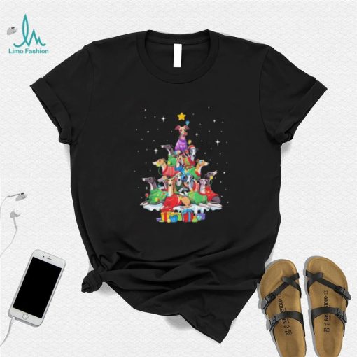 Dogs Greyhound santa pine tree merry christmas shirt
