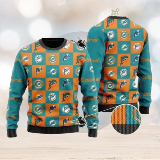 Dolphins Logo Checkered Flannel Design Knitted Ugly Christmas Sweater