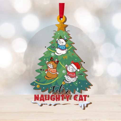 Feliz Naughty Cat, Personalized Wood Ornament,Christmas Gift For Cat Lovers