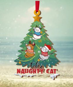 Feliz Naughty Cat, Personalized Wood Ornament,Christmas Gift For Cat Lovers