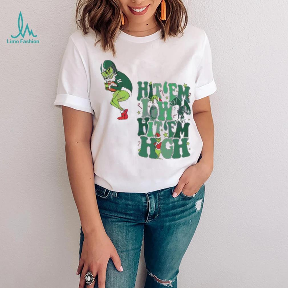 Football Santa Grinch Hit Em Low Hit Em High Shirt Football Santa Grinch Hit Em Low Hit Em High Shirt