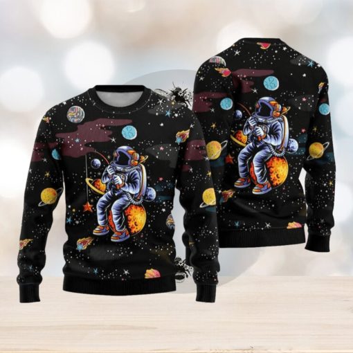 Funny Astronaut Fishing In Space Ugly Christmas Sweater Funny Gift For Men And Women Family Holidays