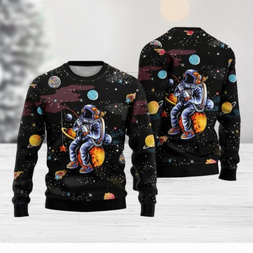 Funny Astronaut Fishing In Space Ugly Christmas Sweater Funny Gift For Men And Women Family Holidays