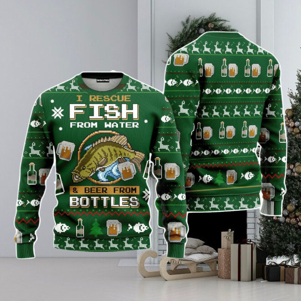 Funny Fish And Beer Christmas Unisex Ugly Sweater - Limotees