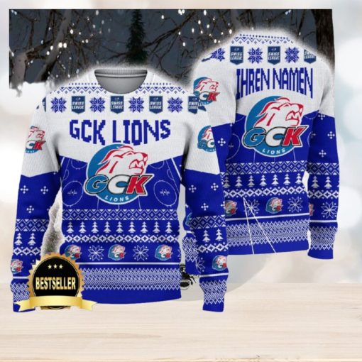 GCK Lions Ugly Christmas Sweater Logo Custom Name Gift Fans