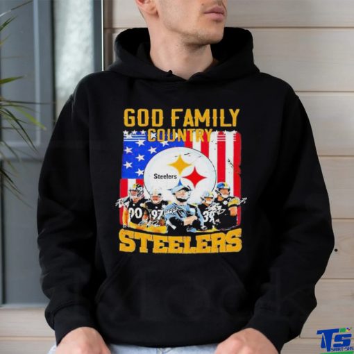 God Family Country Pittsburgh Steelers Football signatures American flag T shirt