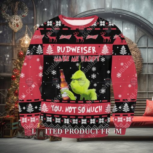 Grinch Budweiser Makes Me Happy You Not So Much Reindeer Ugly Christmas Sweater