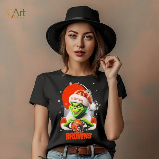 Grinch Hat Santa Cleverland Browns Helmet Logo Merry Christmas Shirt