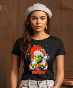 Grinch Hat Santa Cleverland Browns Helmet Logo Merry Christmas Shirt