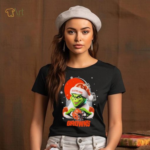Grinch Hat Santa Cleverland Browns Helmet Logo Merry Christmas Shirt