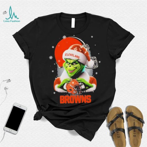 Grinch Hat Santa Cleverland Browns Helmet Logo Merry Christmas Shirt
