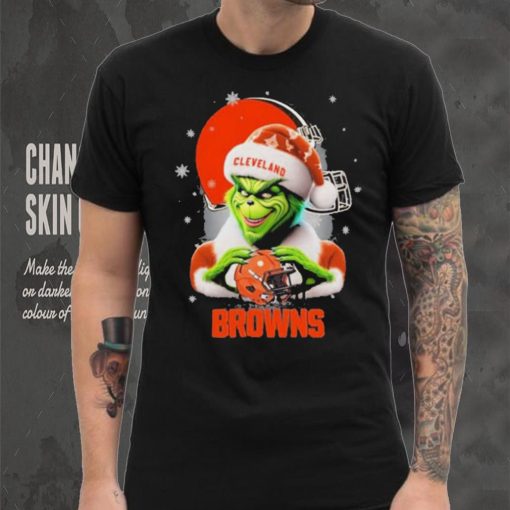 Grinch Hat Santa Cleverland Browns Helmet Logo Merry Christmas Shirt