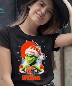 Grinch Hat Santa Cleverland Browns Helmet Logo Merry Christmas Shirt