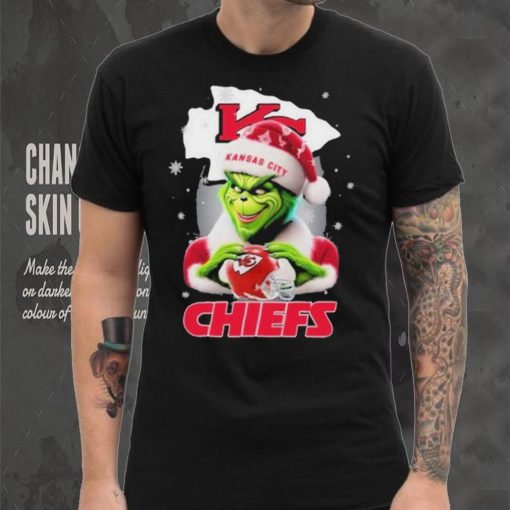 Grinch Hat Santa Kansas City Chiefs Helmet Logo Merry Christmas Shirt