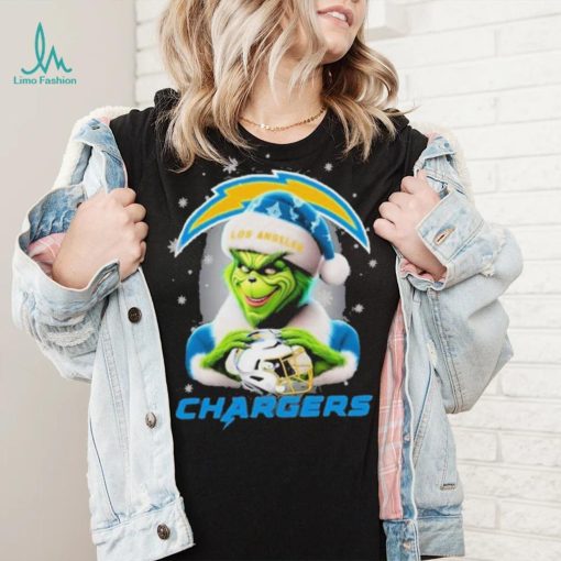 Grinch Hat Santa Los Angeles Chargers Helmet Logo Merry Christmas Shirt