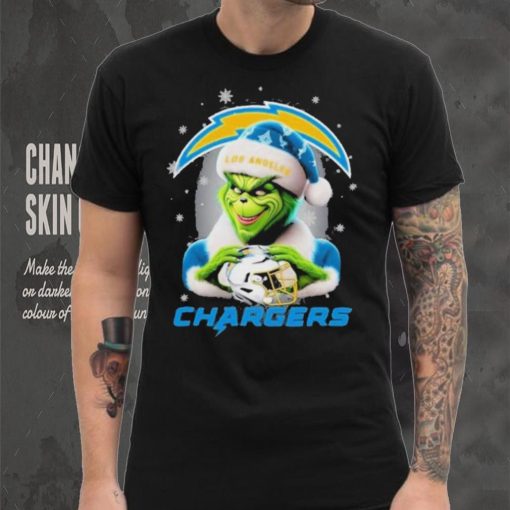 Grinch Hat Santa Los Angeles Chargers Helmet Logo Merry Christmas Shirt